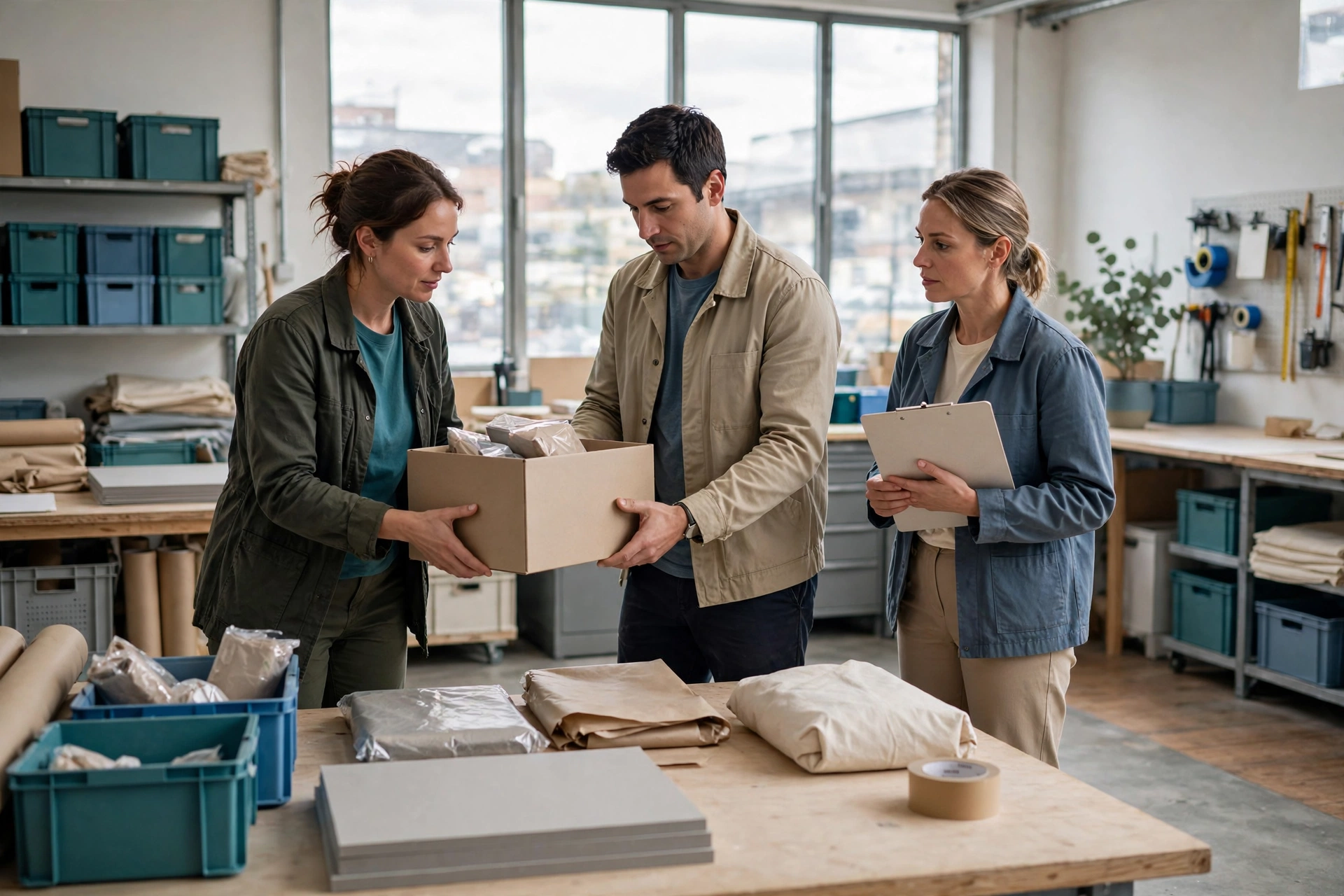 Three people in a studio coordinate a physical handoff of a box of materials, with one person holding a clipboard.