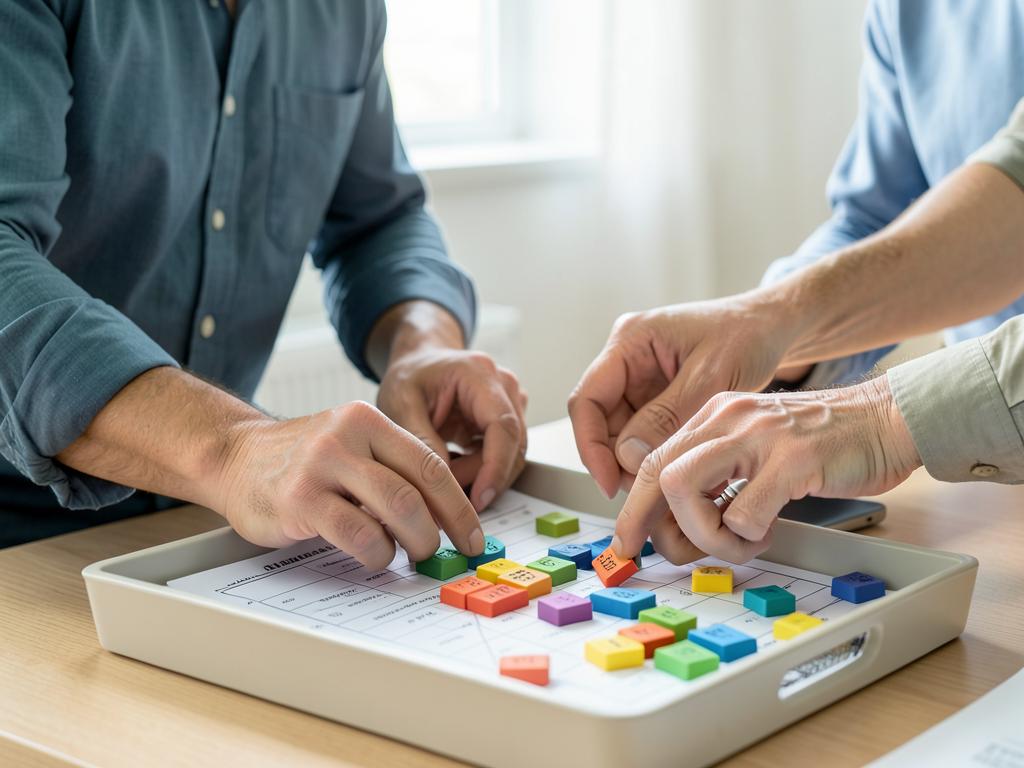 Three colleagues' hands arrange colored tokens on a tray with a grid, symbolizing resource planning and problem-solving.