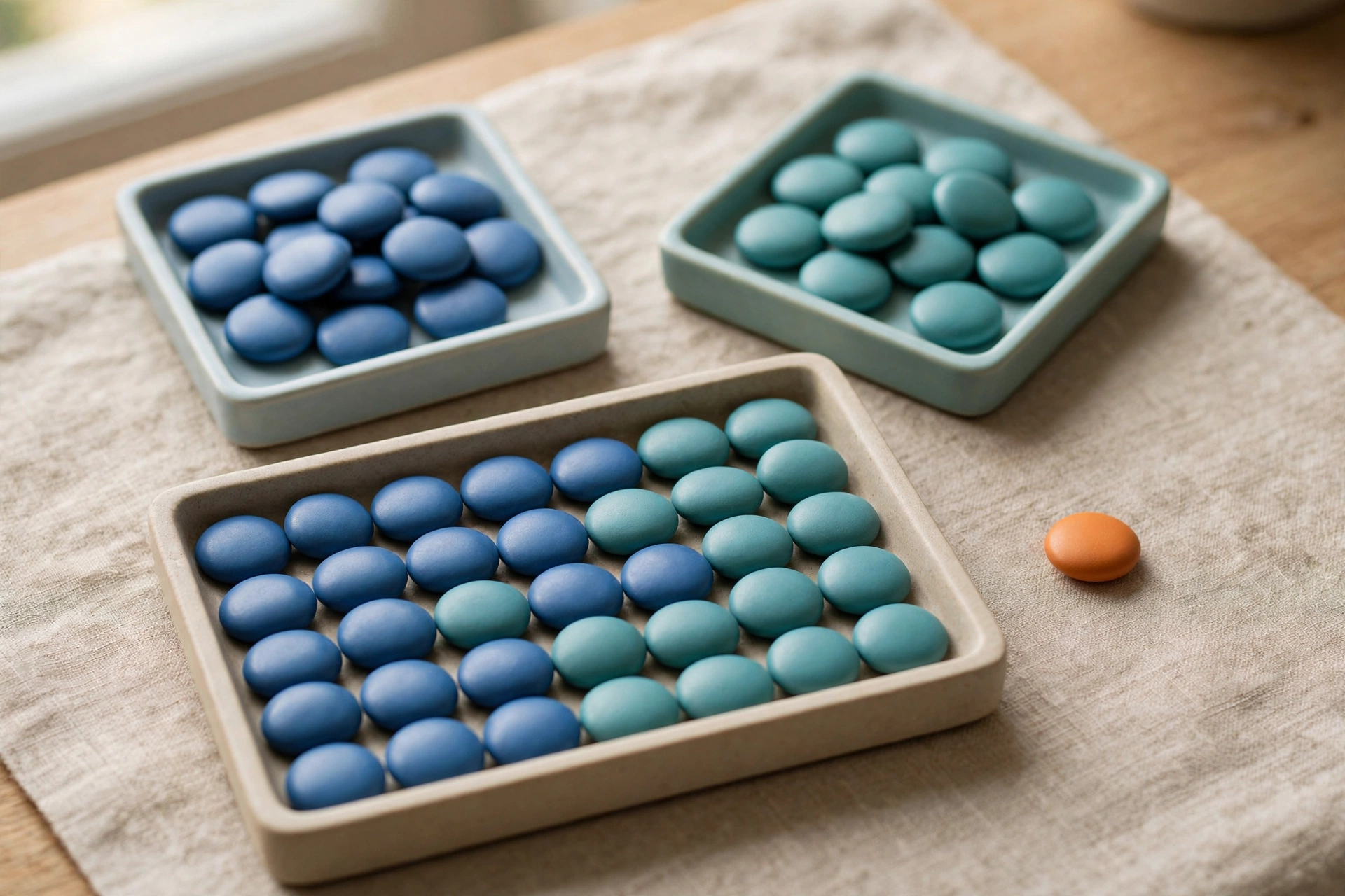 Two square trays of blue and teal tokens converge into a larger rectangular tray, with a single orange token beside it.