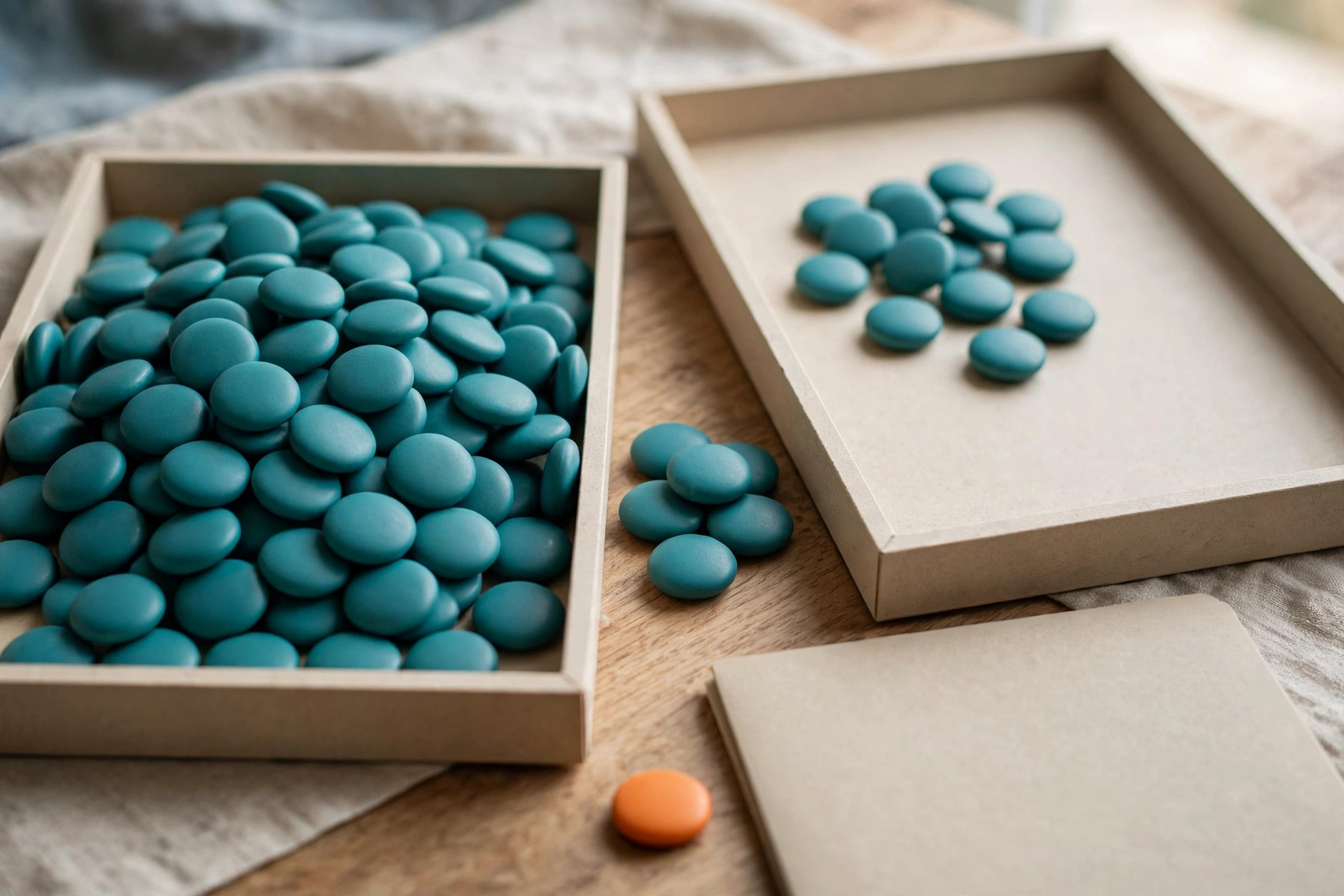 Teal tokens fill one tray, with some tokens in a second tray and a small pile between them, and an orange token sits near a closed folder.