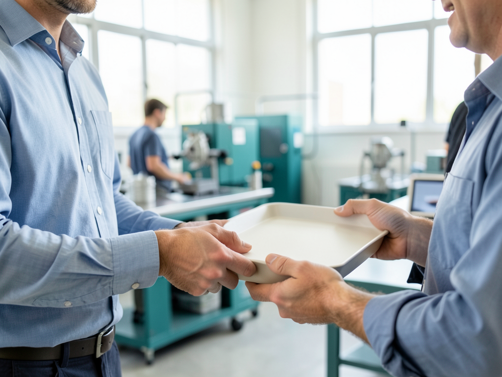 A plant operations colleague hands a plain sample tray to a customer-facing teammate in a bright manufacturing workshop.