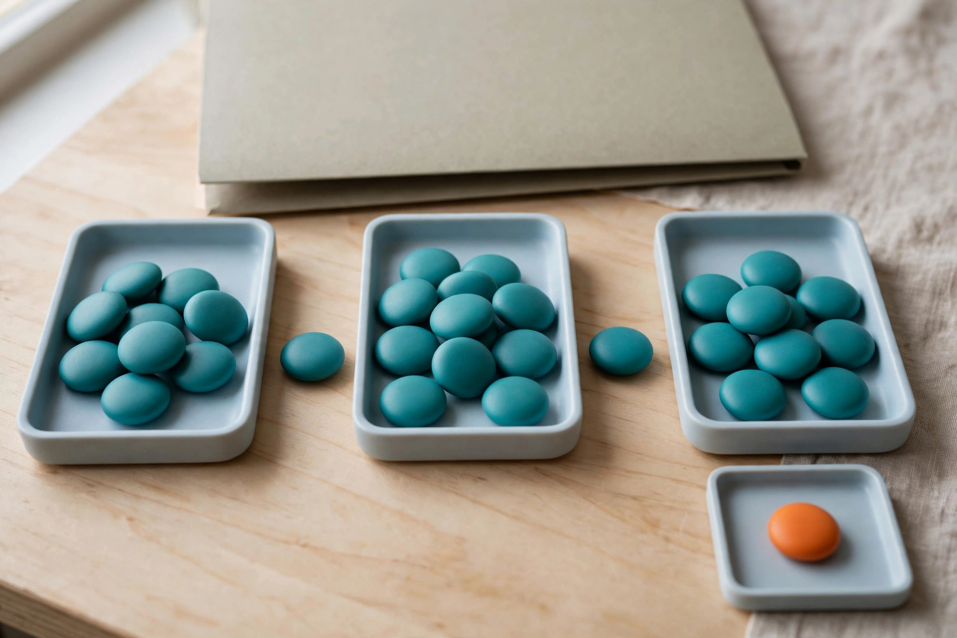 Three shallow blue trays hold teal tokens in a left-to-right sequence, with a single orange token in a separate small tray on a wooden surface.