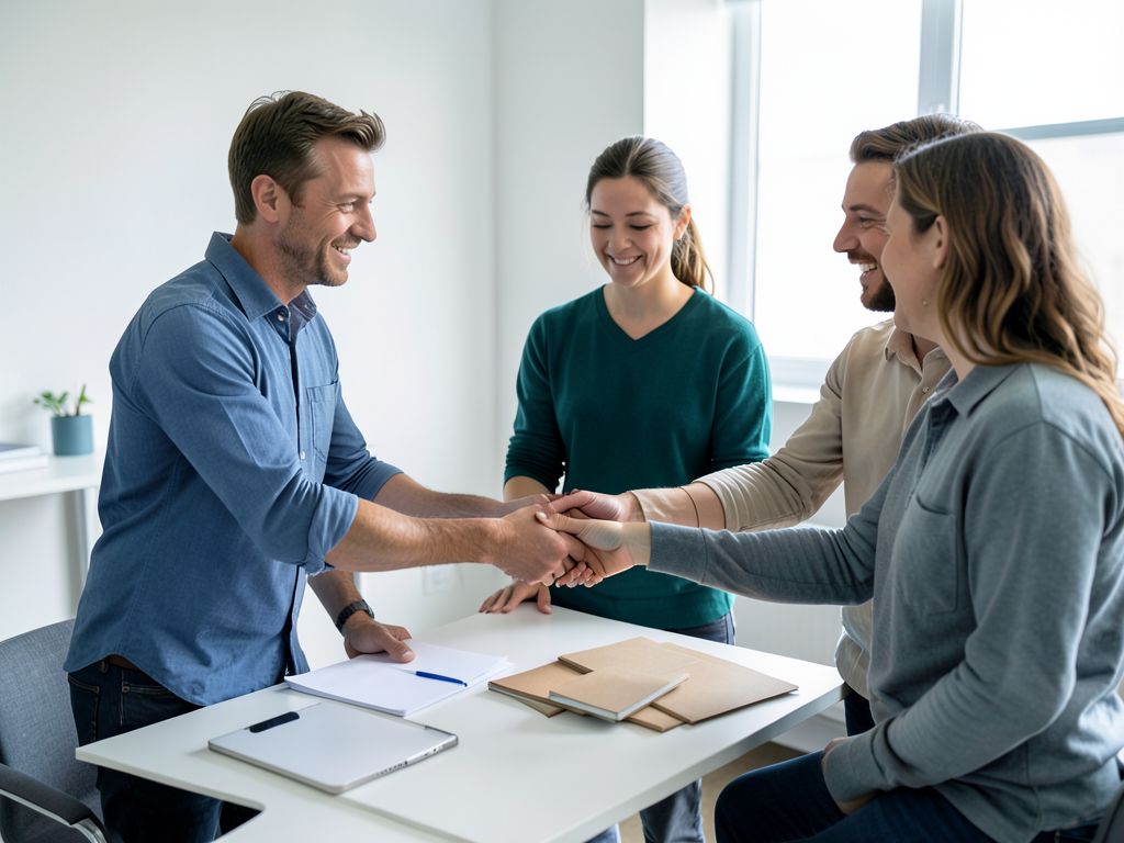 Four professionals in a bright room shake hands over a table, smiling and appearing to finalize a business agreement.