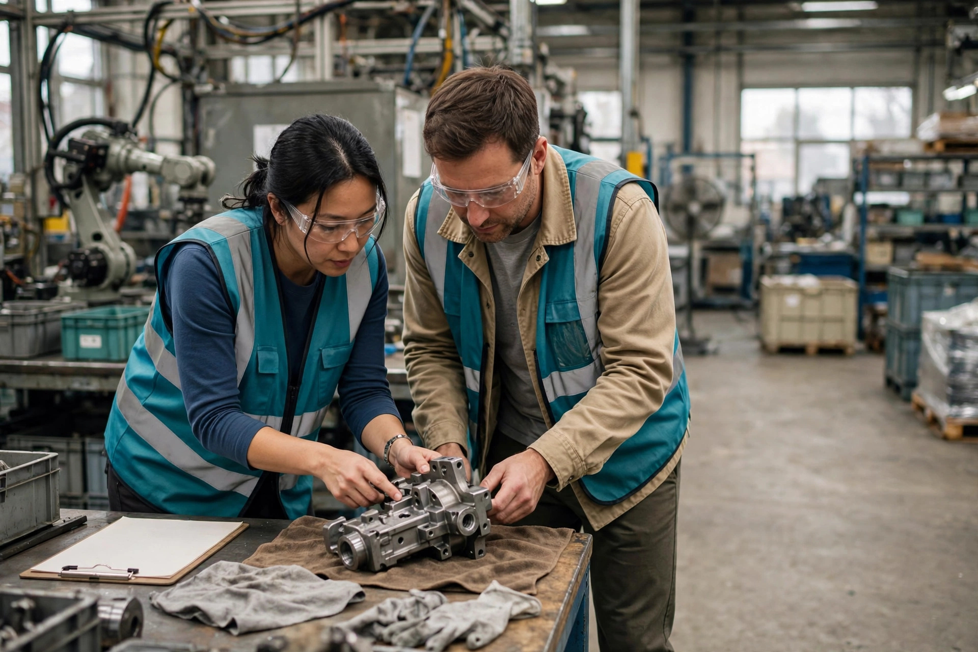 A man and a woman in safety vests and goggles inspect a metal component on a workbench in a factory.