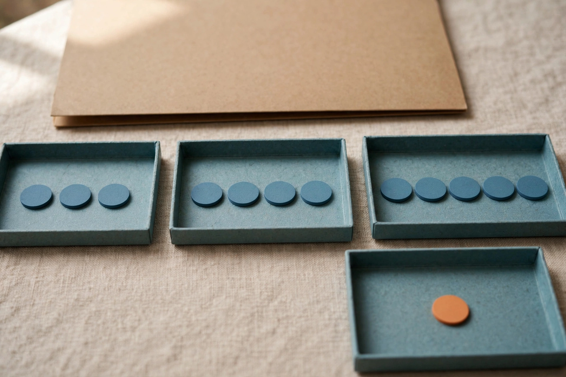 Four shallow office trays with blue tokens progress from left to right, with a fifth tray holding a single orange token.