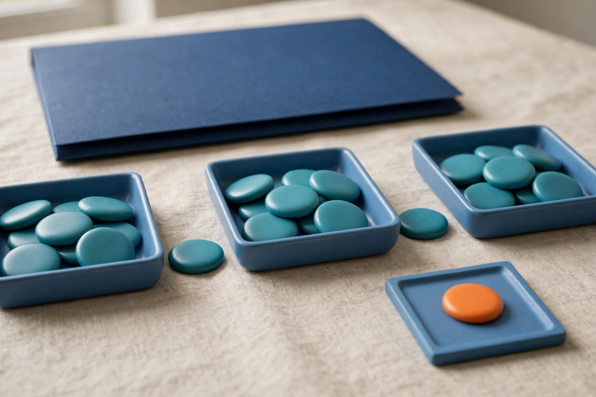 Three blue trays with teal tokens are arranged left to right, with a separate tray holding an orange token, and a blue folder behind.