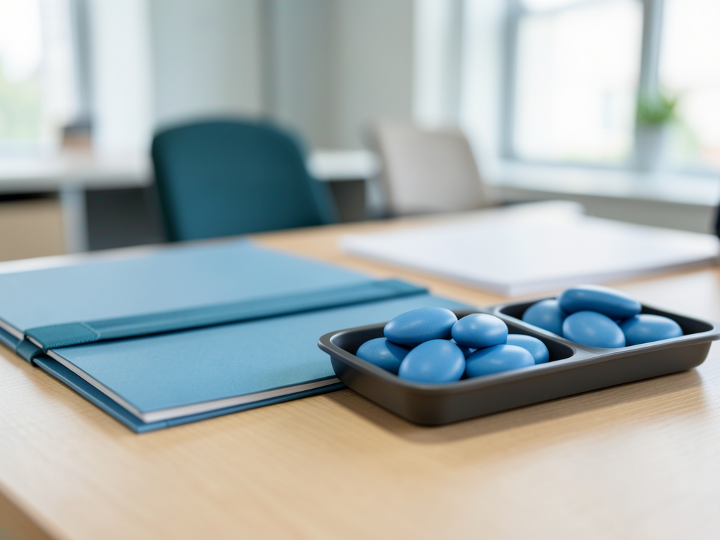Blue tokens are arranged in trays on a wooden desk in a blurred office setting.