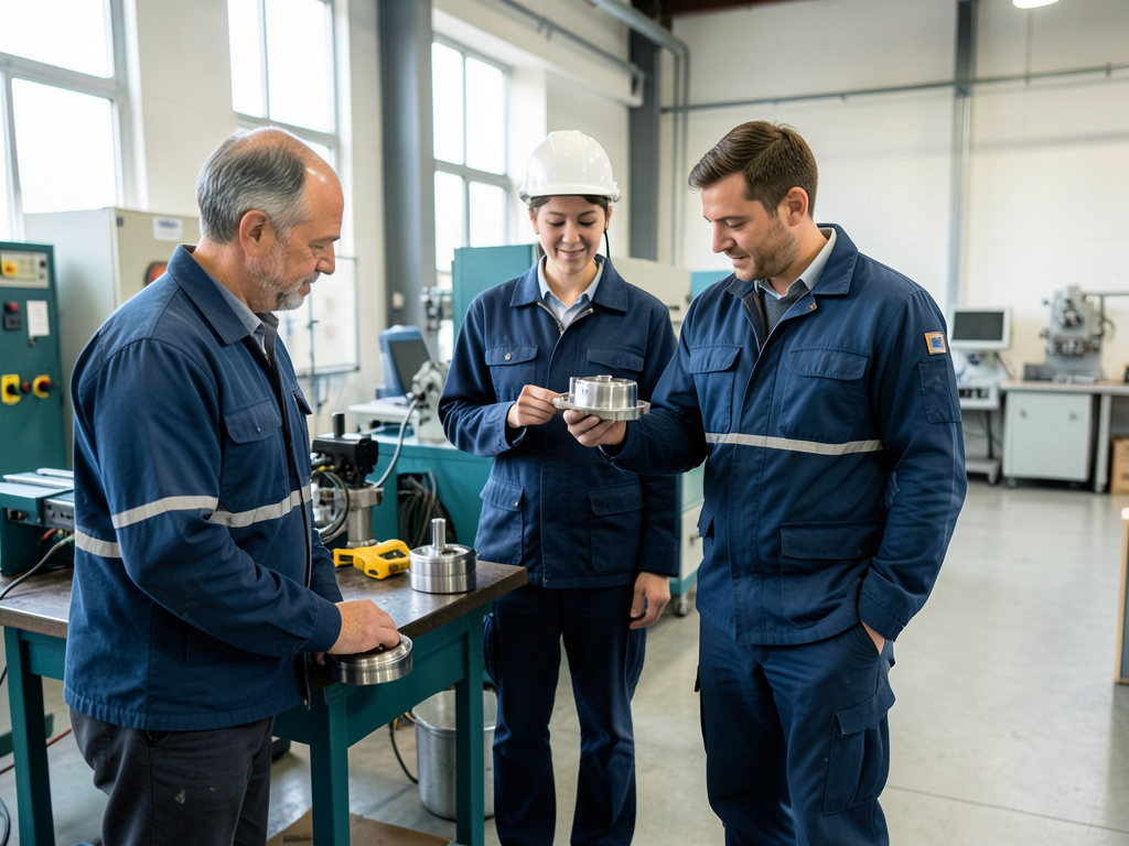 Three factory workers in blue jumpsuits and one in a hard hat inspect a metal component at a workbench in a production area.