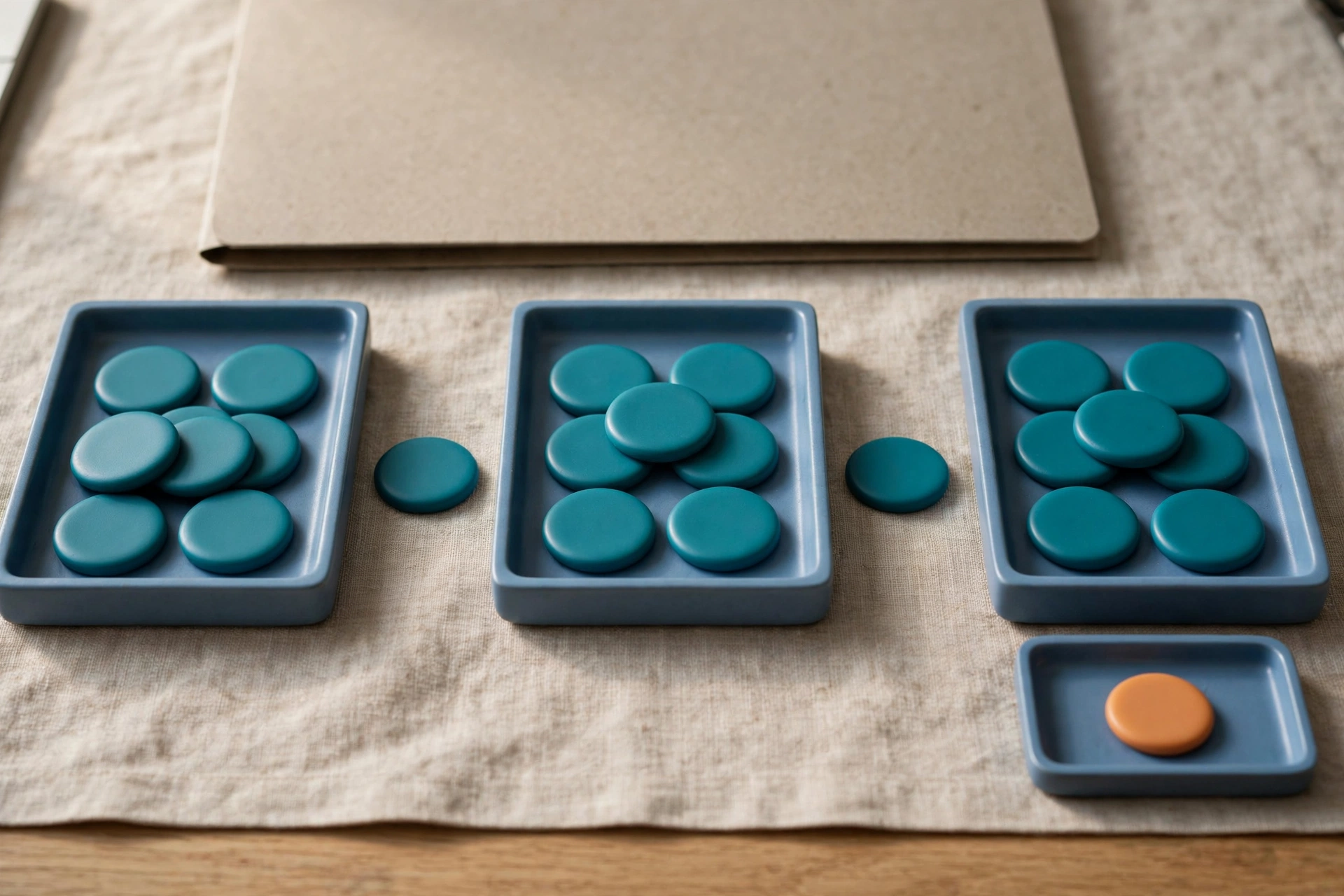 Three blue trays with teal tokens arranged left to right, with a single orange token in a fourth tray to the right.