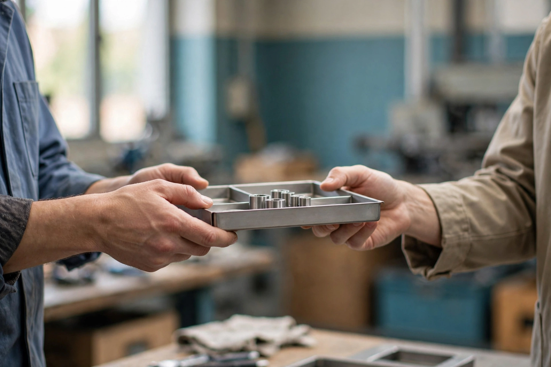 A manufacturing worker in a blue shirt hands a metal tray with small metal parts to a colleague in a tan jacket in a workshop.