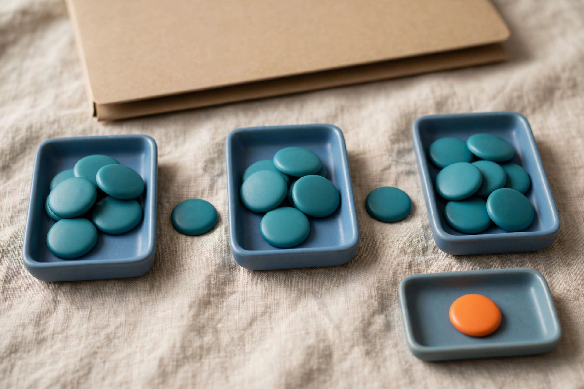 Three blue trays with teal tokens arranged left to right, with a separate tray holding one orange token, and a closed folder behind.