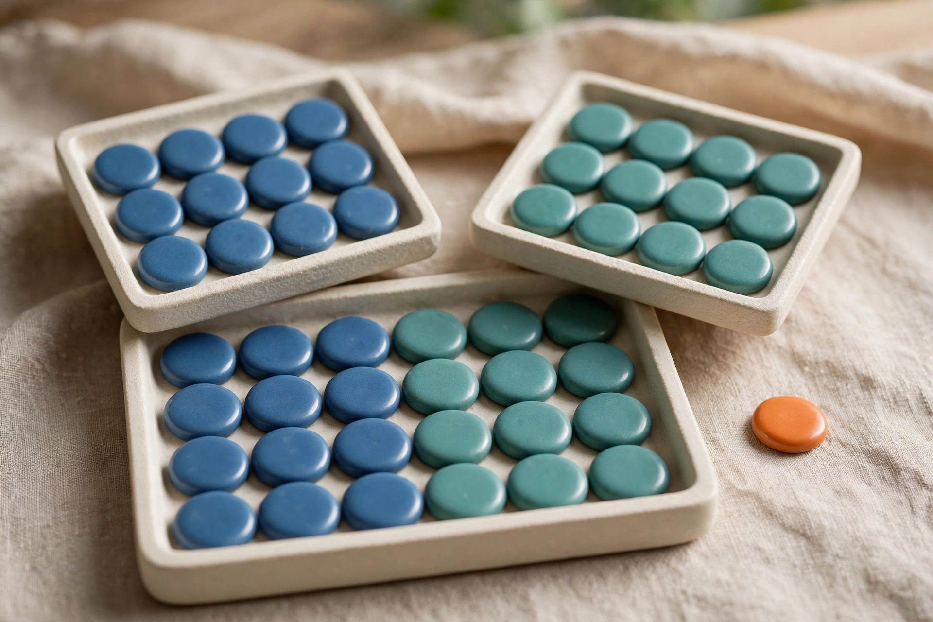 Two square trays of blue and teal tokens converge into a single larger tray, with one orange token nearby.