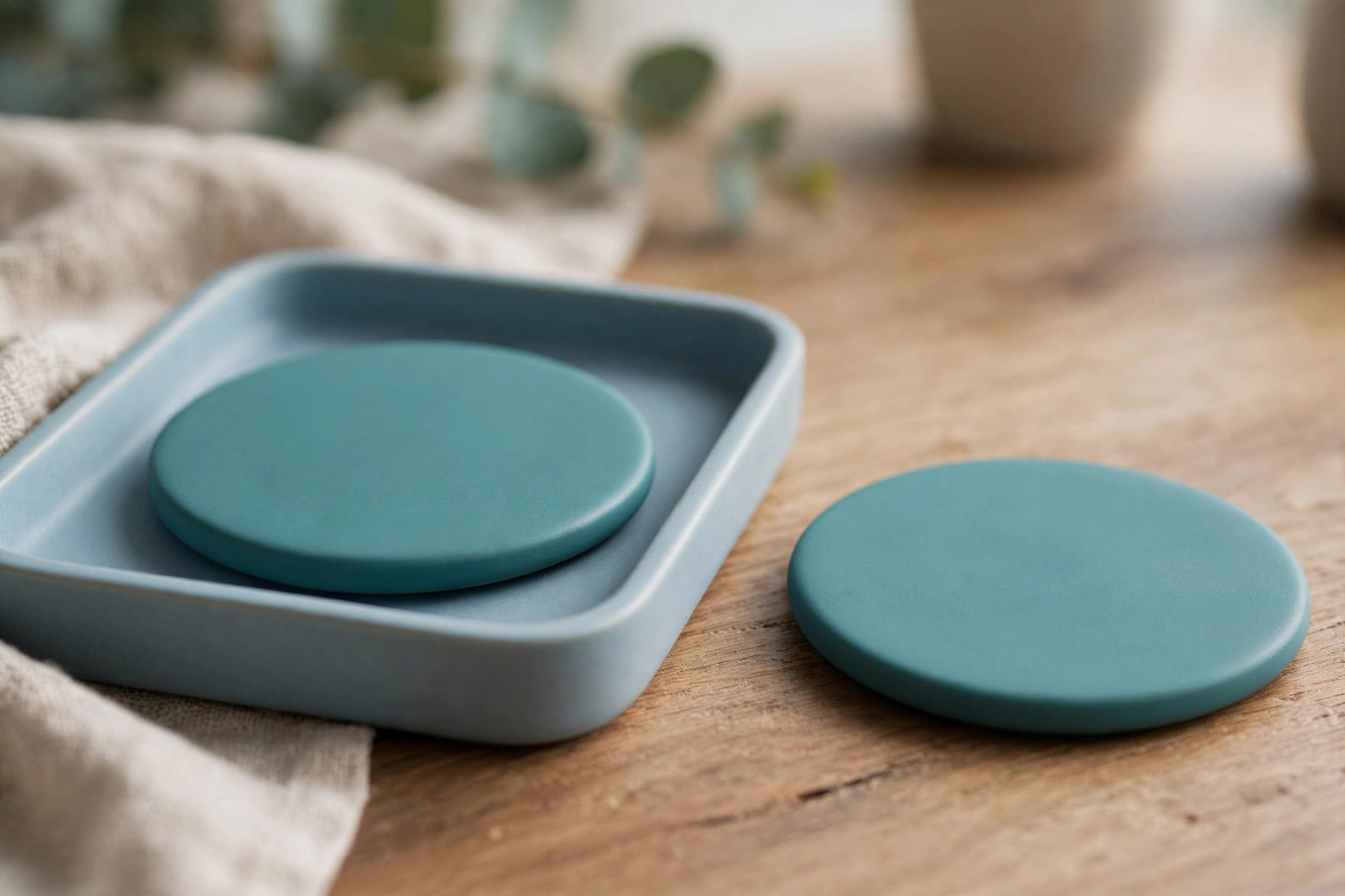 Two identical teal discs are shown on a wooden desk; one rests in a blue tray, the other sits separately beside it.