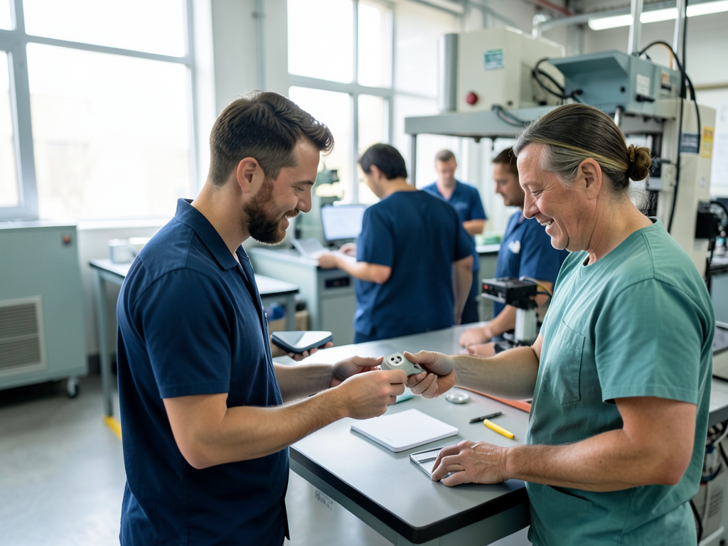 Two smiling manufacturing professionals examine small parts at a clean assembly station with machinery in the background.