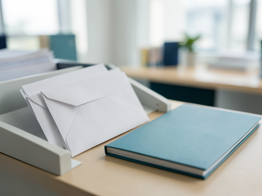 Blank white envelopes are organized in a mail sorter next to a teal folder on a desk in a softly blurred office setting.