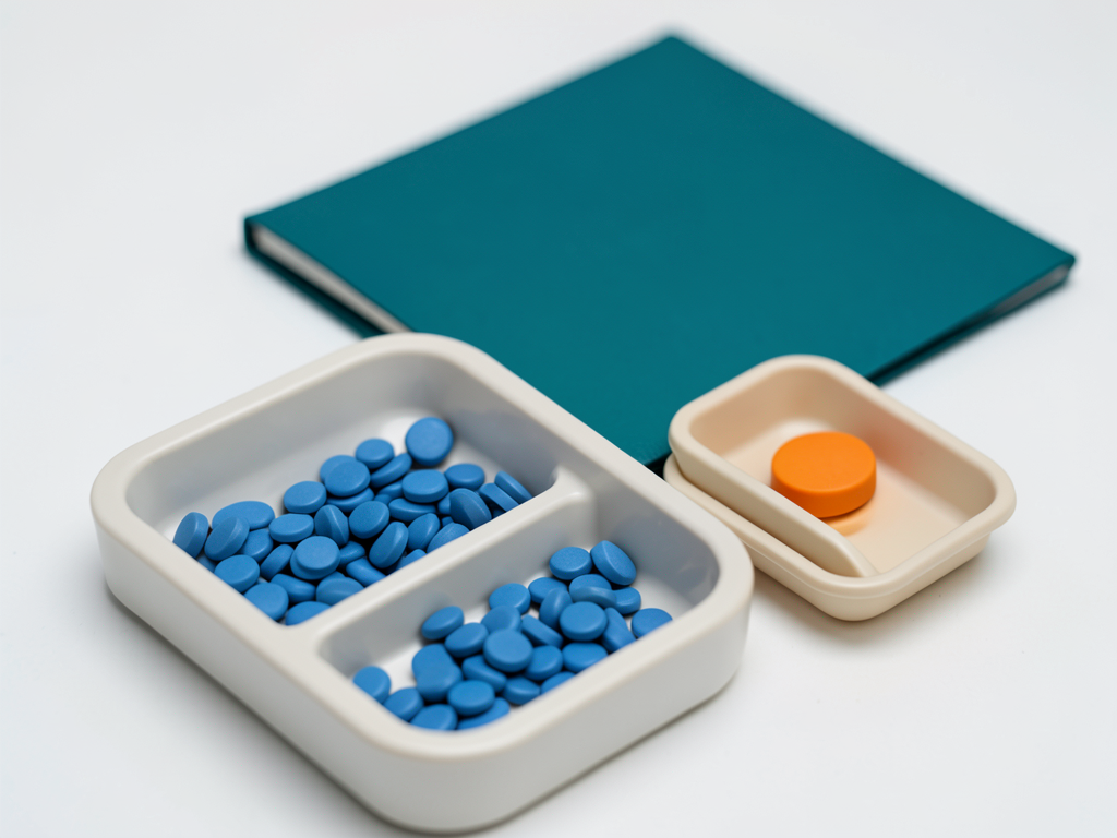 Blue tokens are in a divided tray next to an orange token in a separate tray, with a teal folder behind them.