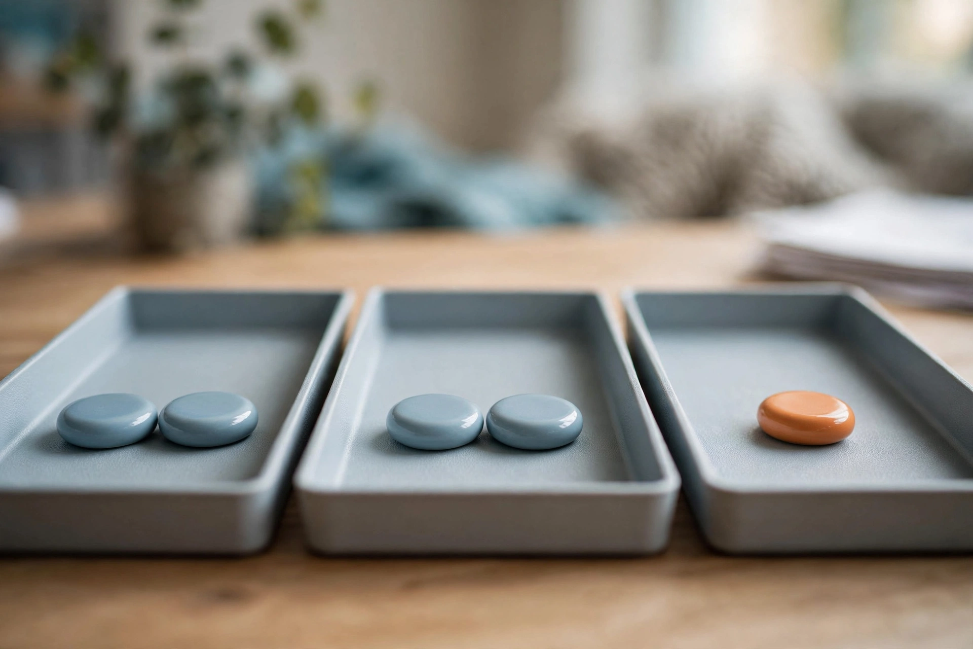 Three shallow office sorting trays on a desk, with matching blue tokens in the first two and an orange token in the third.