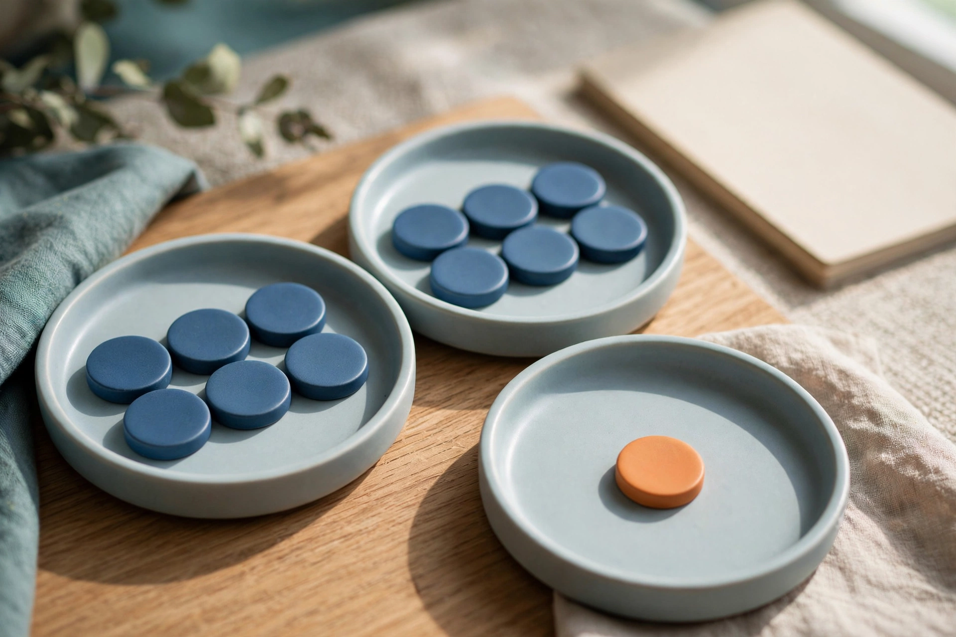 Three shallow ceramic trays with blue tokens are arranged on a wooden surface, with one tray holding a single orange token.