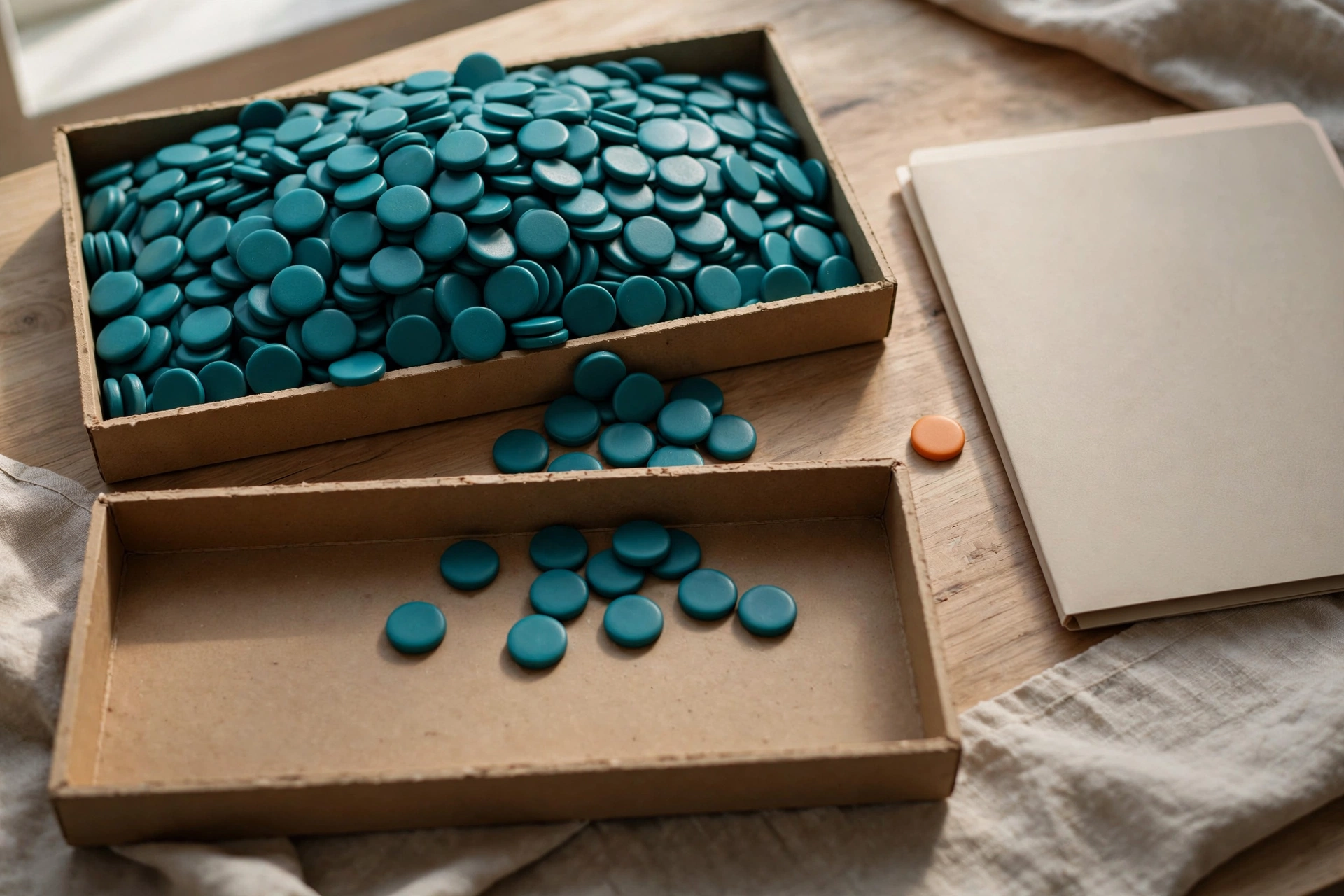 Teal tokens are in two cardboard trays on a wooden surface, with an orange token and a blank folder nearby.