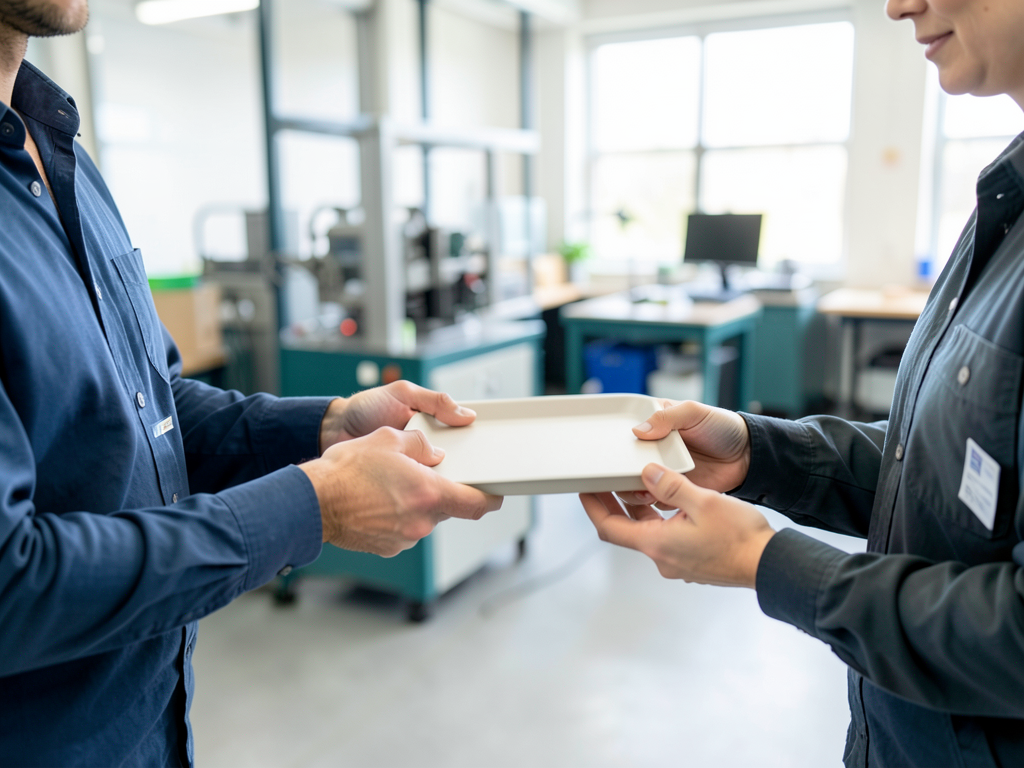 A colleague in a blue shirt hands a plain white tray to another colleague in a dark shirt in a bright manufacturing workshop.