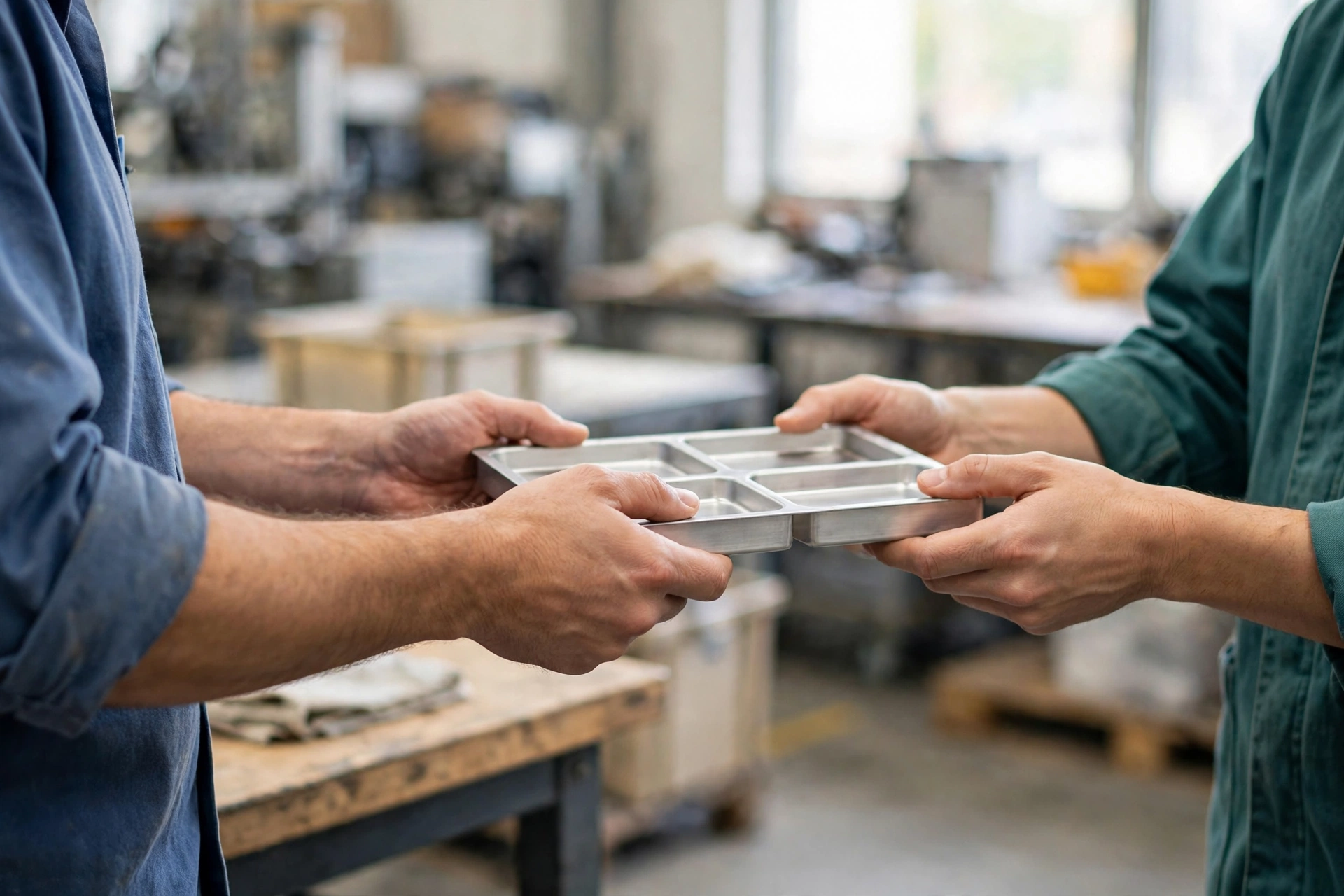 A plant operations colleague in a blue shirt hands a metal sample tray to a customer-facing teammate in a teal shirt in a workshop.