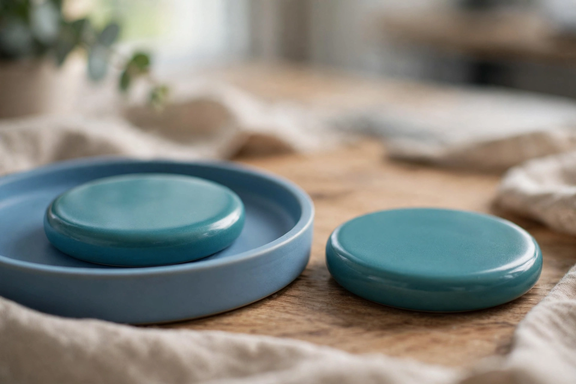 Two identical teal ceramic discs are shown side by side on a wooden desk, with one disc placed inside a shallow blue tray.