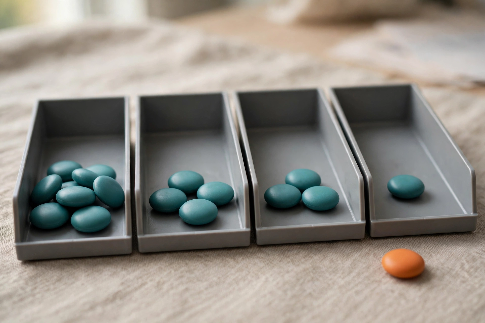 Four gray office sorting trays are arranged in a sequence with teal tokens decreasing in number from left to right, and a single orange token sits to the right.