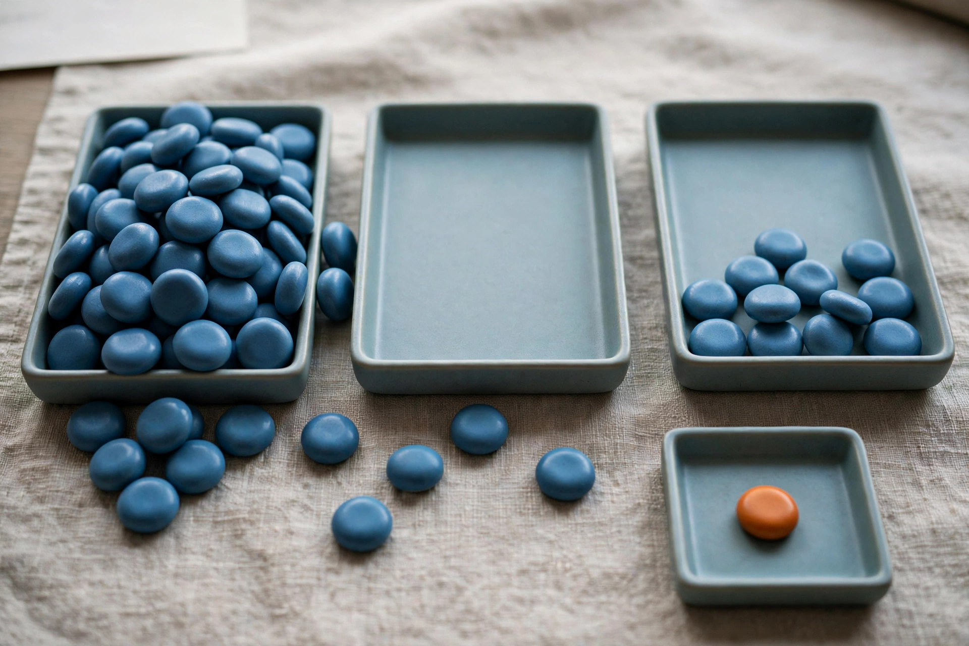 Three shallow trays hold blue tokens, with one tray empty and another partially filled, while a fourth small tray holds a single orange token.