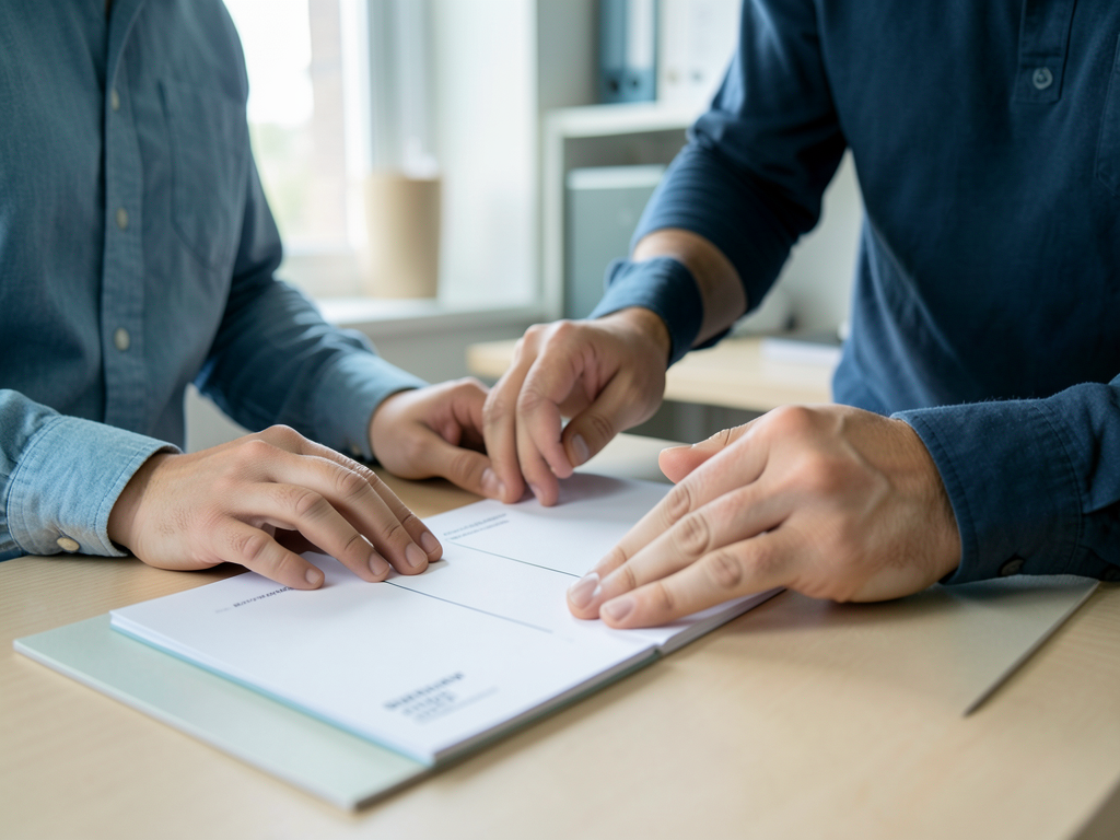 Two colleagues review project samples together at a desk in a studio setting.