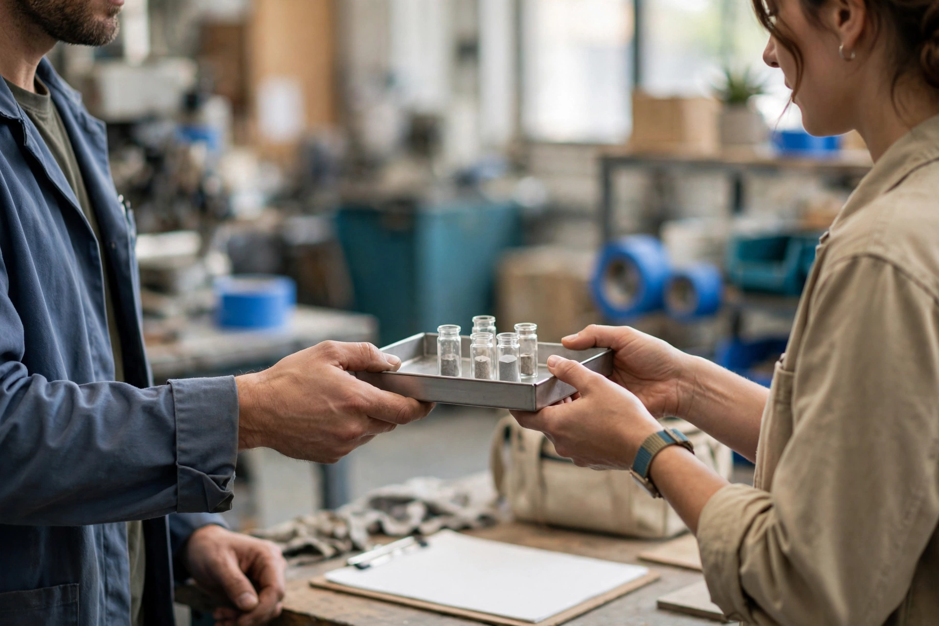 A man in a blue jacket hands a tray of small vials to a woman in a tan shirt in a workshop.