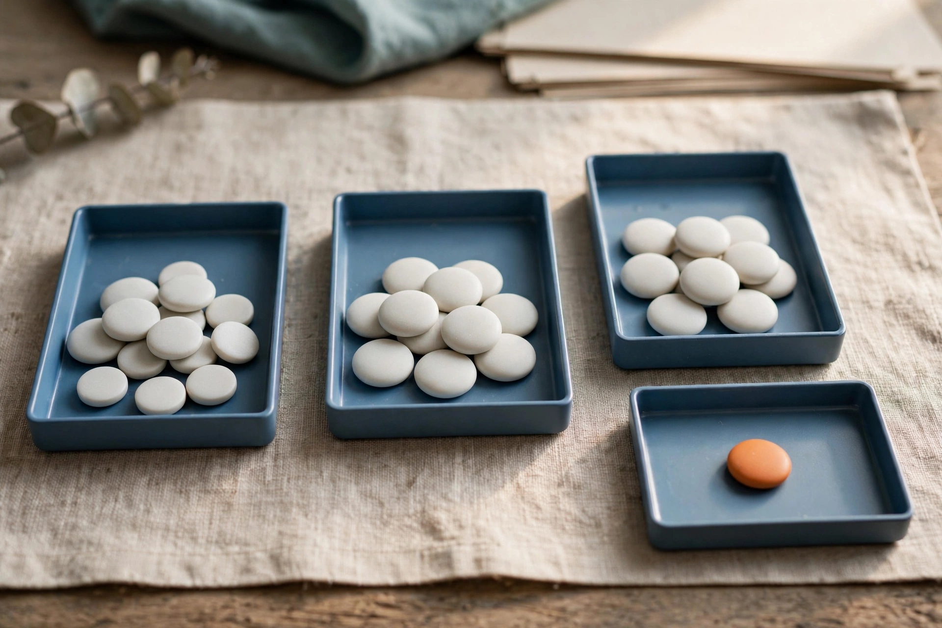 Three blue trays hold white tokens, and a fourth blue tray holds a single orange token on a textured cloth.