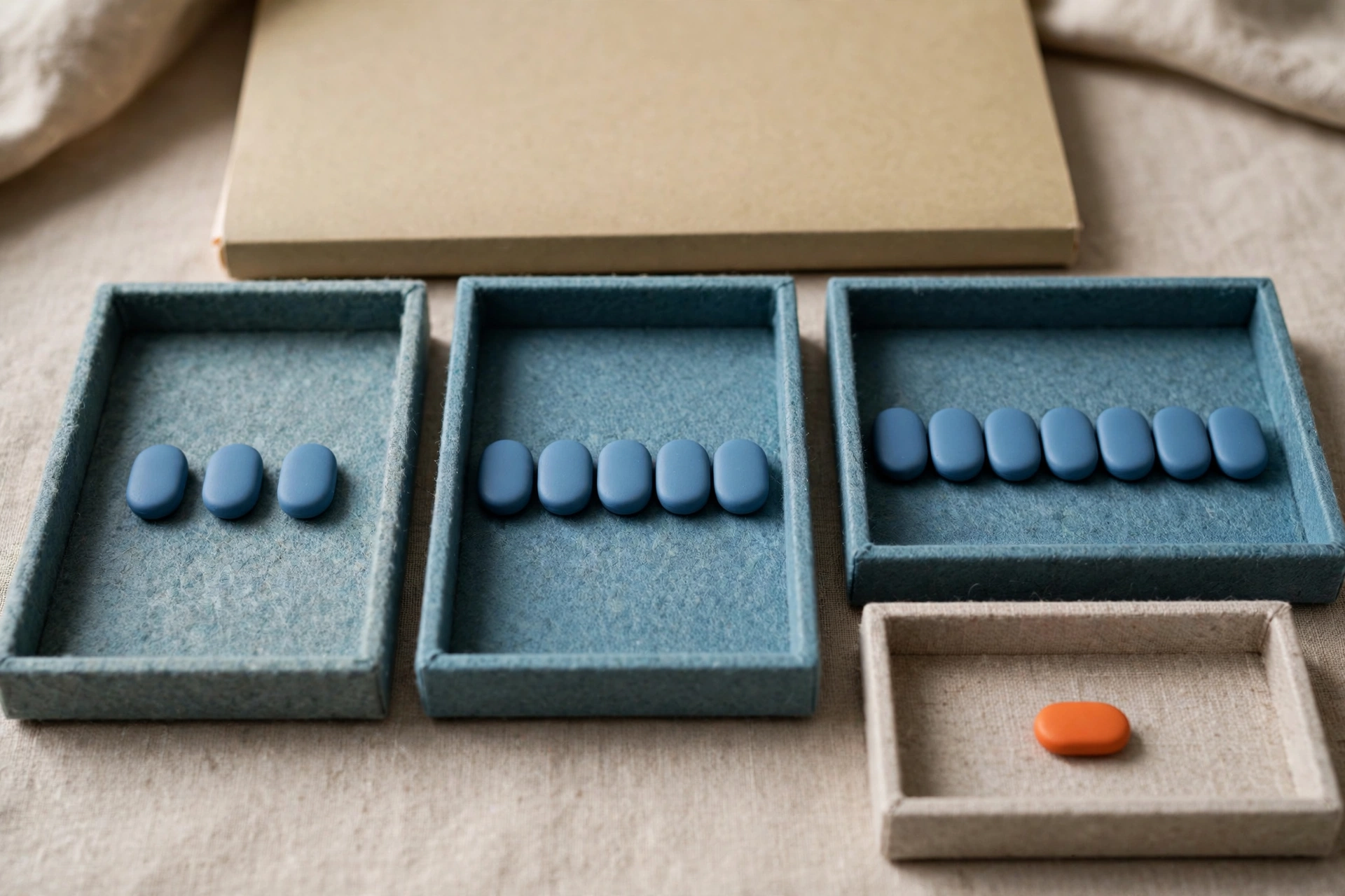 Three shallow trays with blue tokens progress in stages, while a fourth tray holds a single orange token.