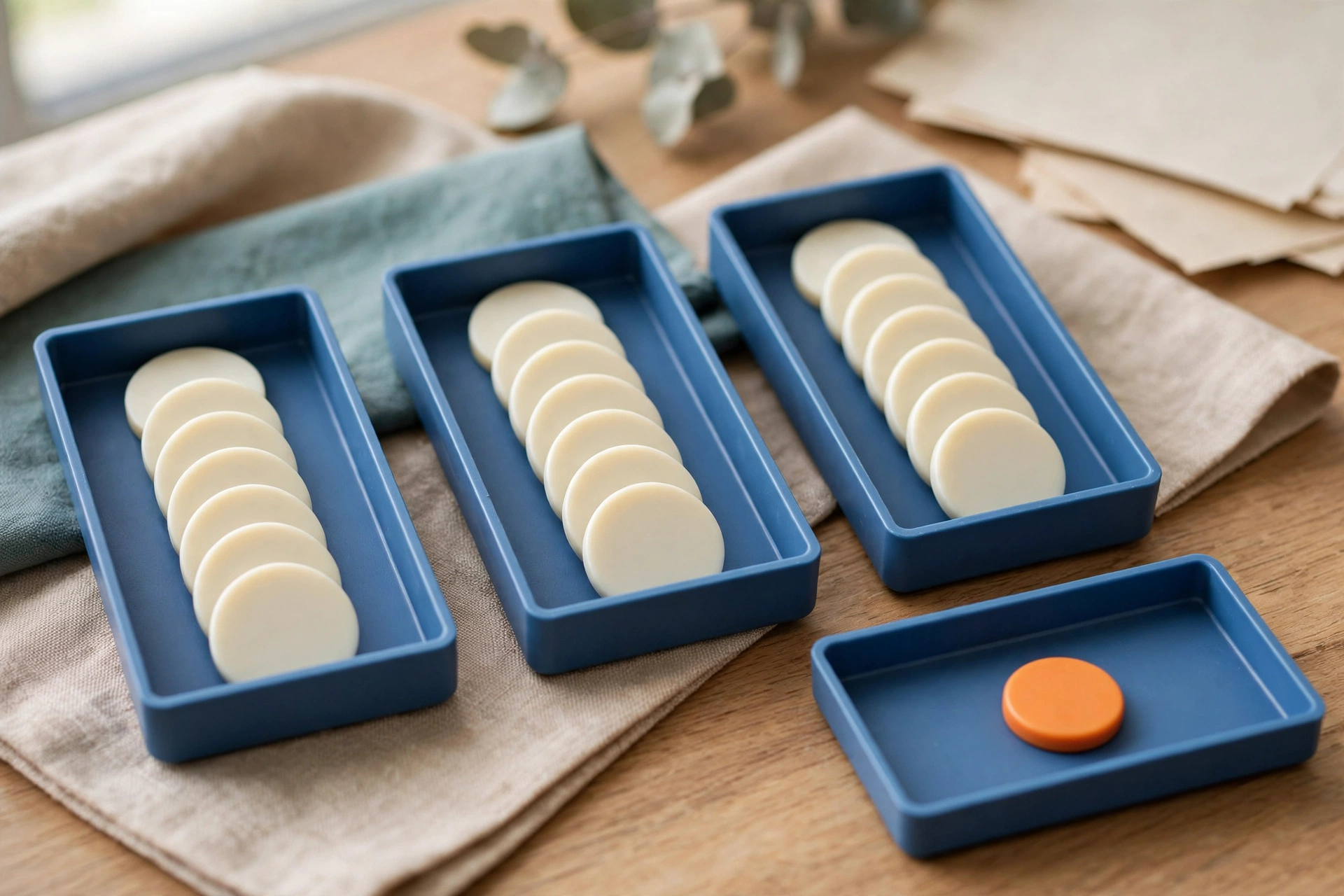 Three blue sorting trays hold white tokens in ordered rows, with a fourth blue tray holding a single orange token, on a wooden surface.