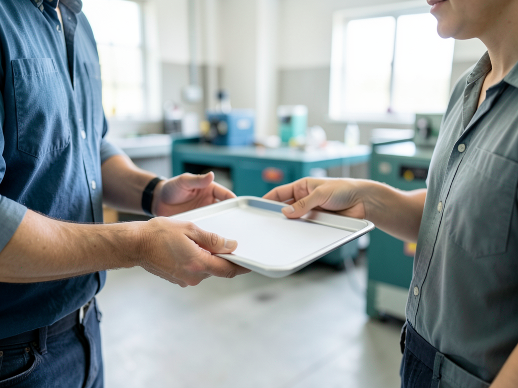 A plant operations colleague hands a plain sample tray to a customer-facing teammate in a bright manufacturing workshop.