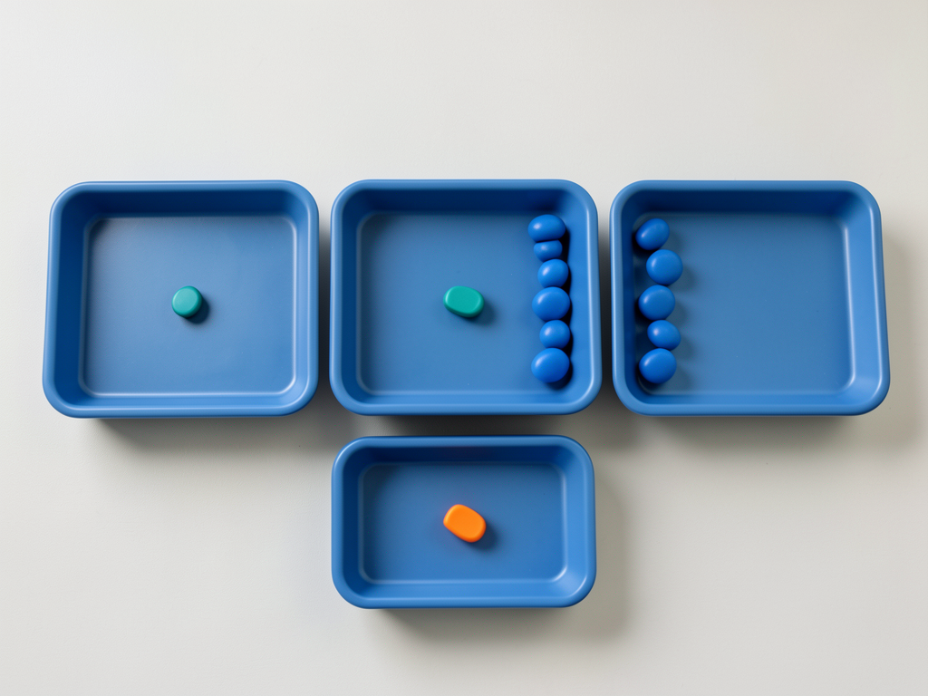 Three blue sorting trays are arranged horizontally, with a fourth tray below, containing blue and orange tokens to represent a workflow.