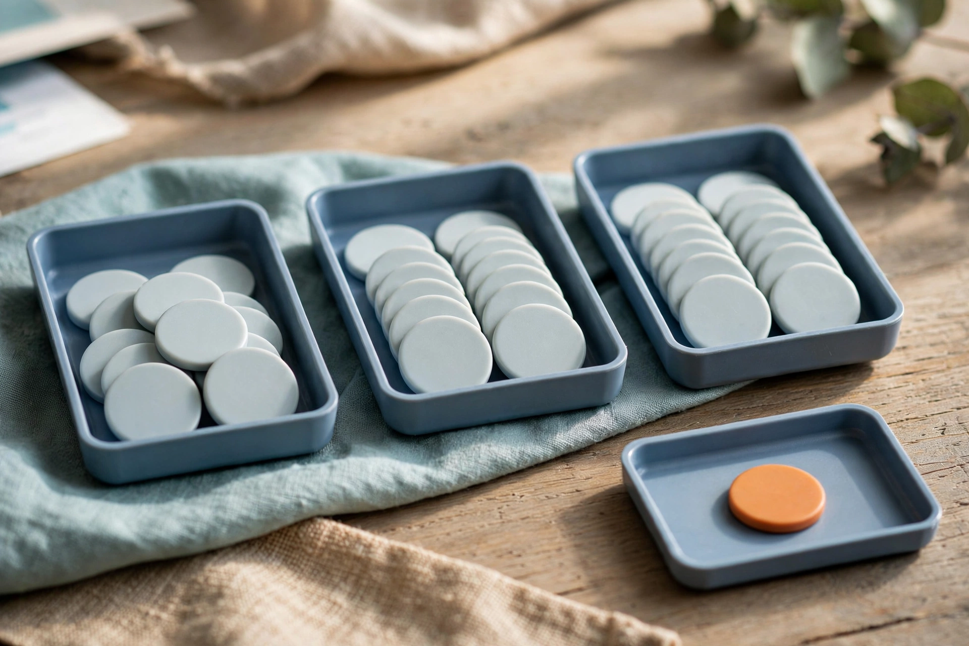 Three blue trays hold white tokens, and a fourth tray holds a single orange token on a wooden surface.