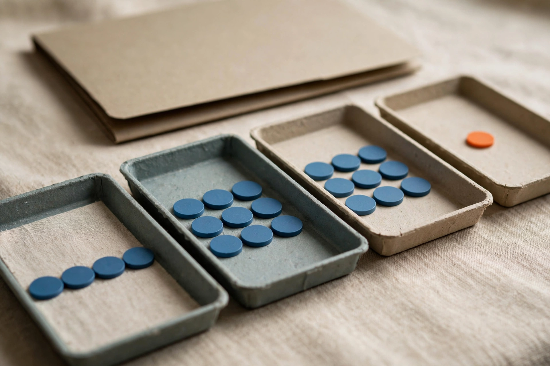 Four shallow trays with blue tokens in ordered stages and one orange token isolated in the last tray, with a folder behind.