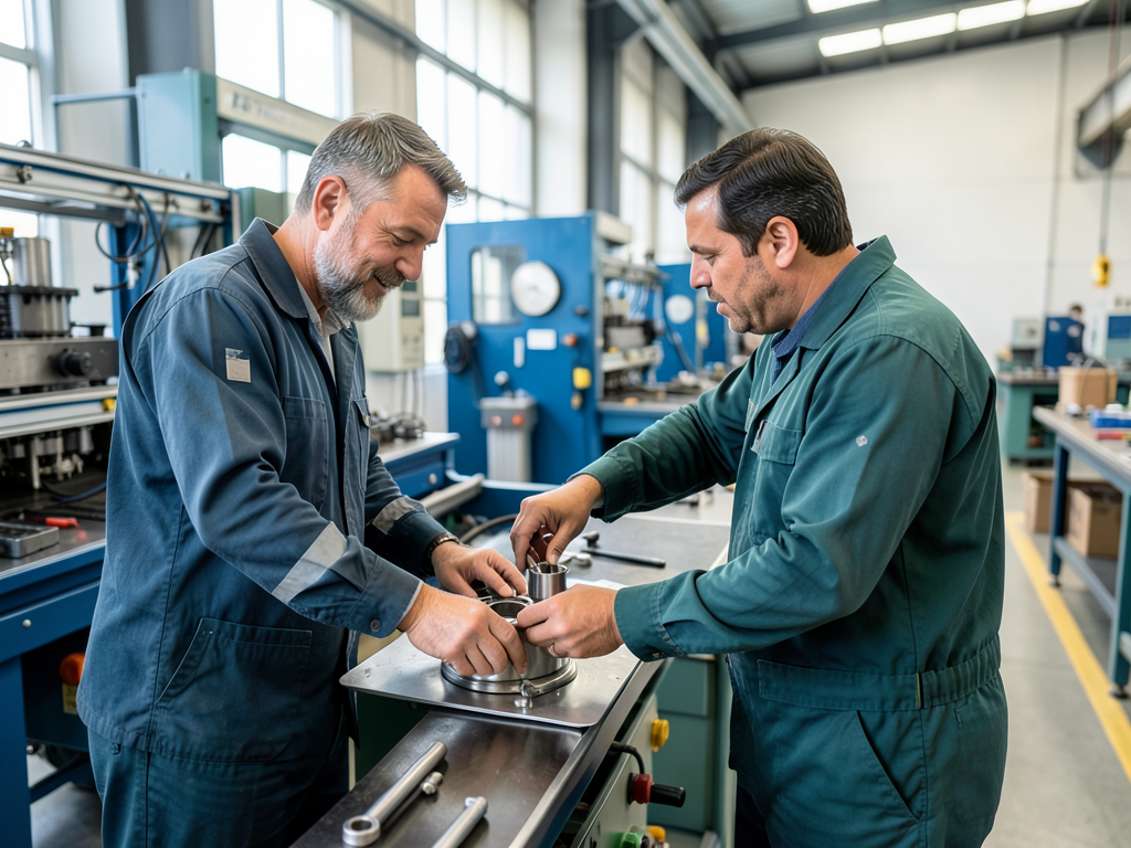 Two men in a factory work cell inspect a metal component together.