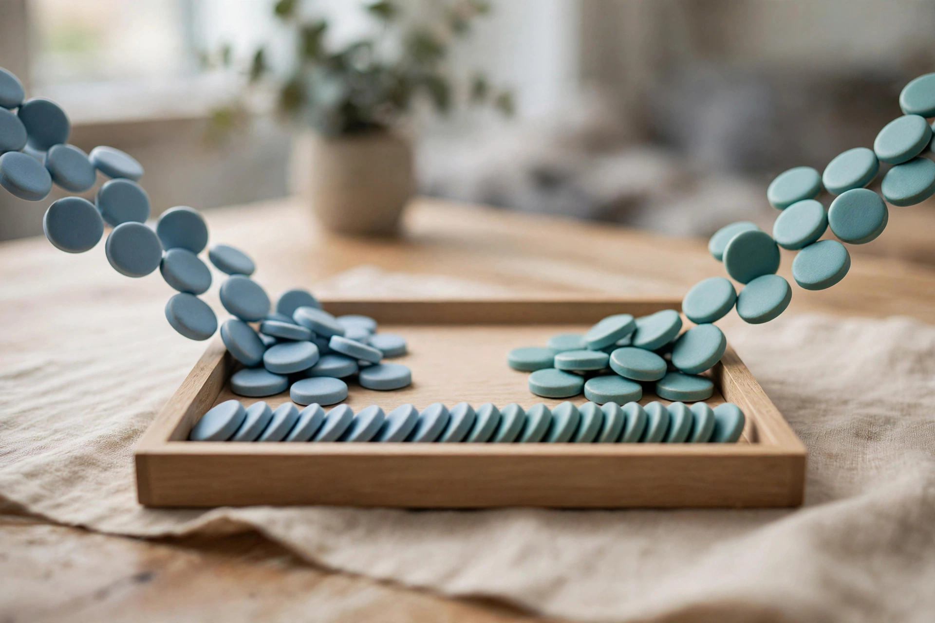 Two streams of blue and teal tokens converge into a single ordered row within a wooden sorting tray on a table.
