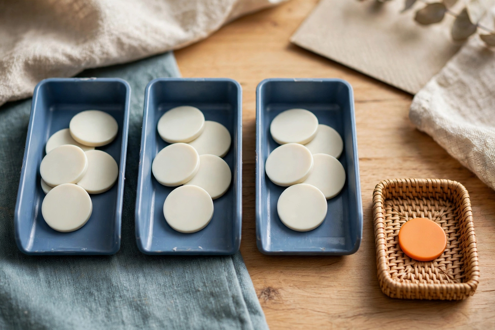 Three blue trays hold white tokens, and a small woven basket contains a single orange token on a wooden surface.