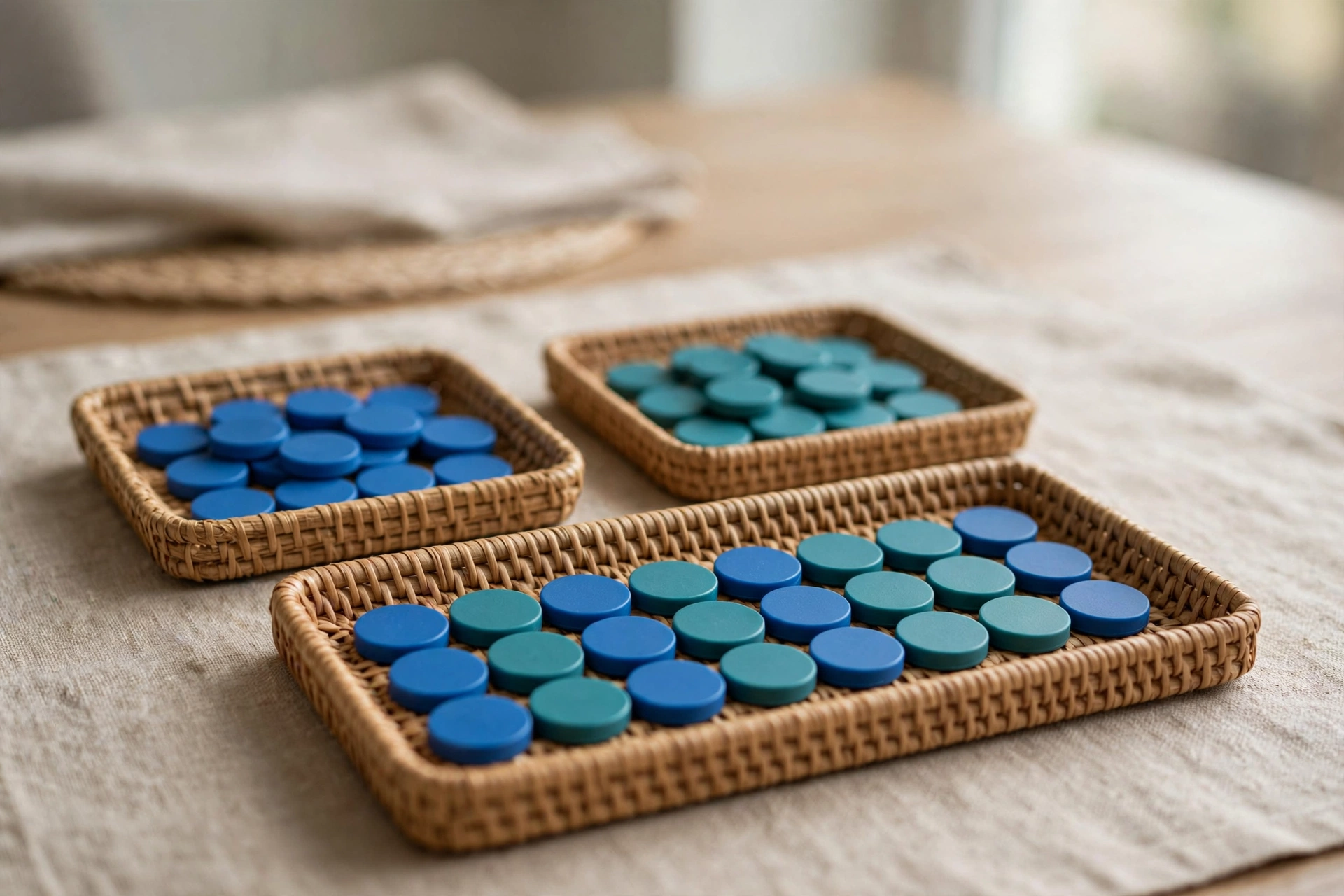 Three woven baskets on a table, two filled with separate blue and teal tokens, and one with a combined sequence of both colors.
