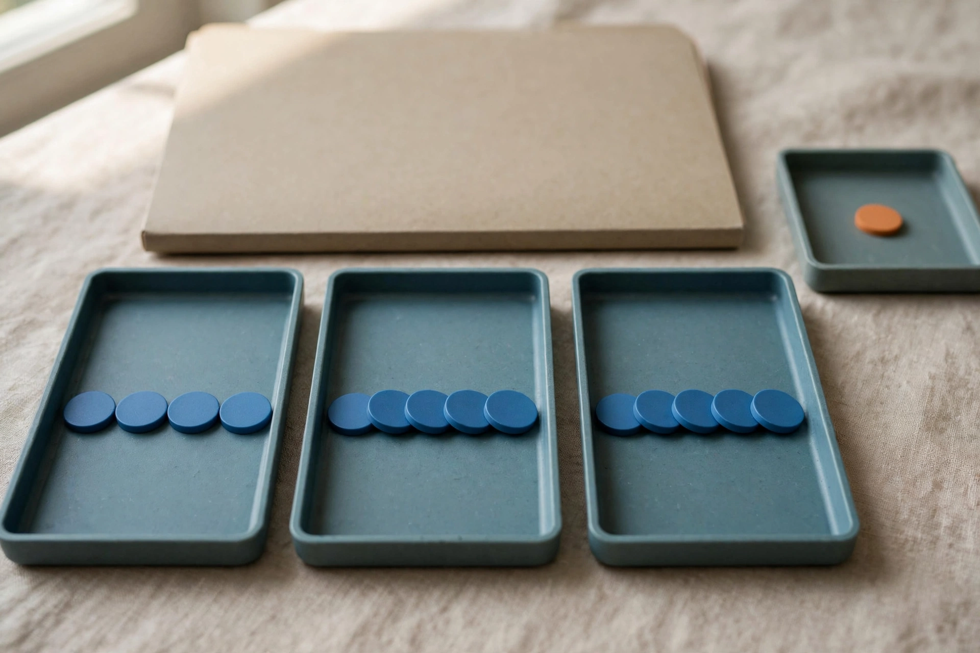 Three office trays with blue tokens progress from left to right, with a fourth tray holding a single orange token to the right.