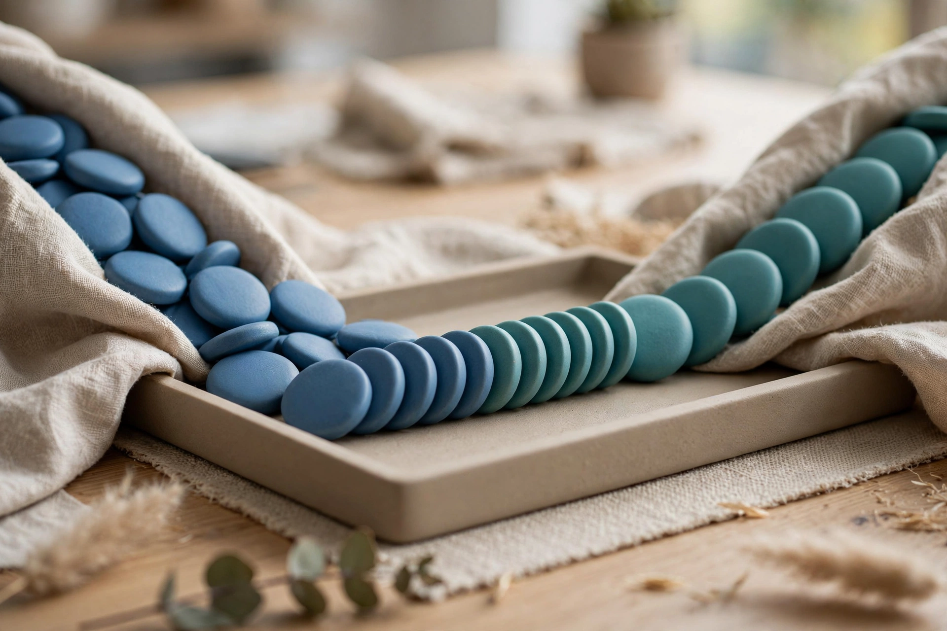 Two streams of blue and teal tokens converge into a single row in a tray on a wooden surface.