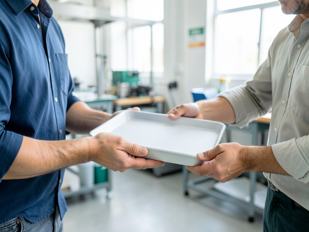 A plant operations colleague hands a plain sample tray to a customer-facing teammate in a bright manufacturing workshop.
