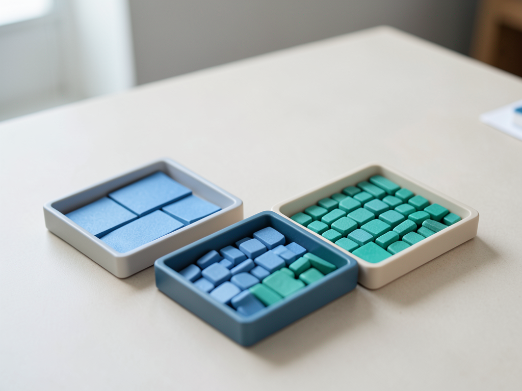 Three trays of tokens, two with separate blue and teal pieces and one with a combined sequence, sit on a table.