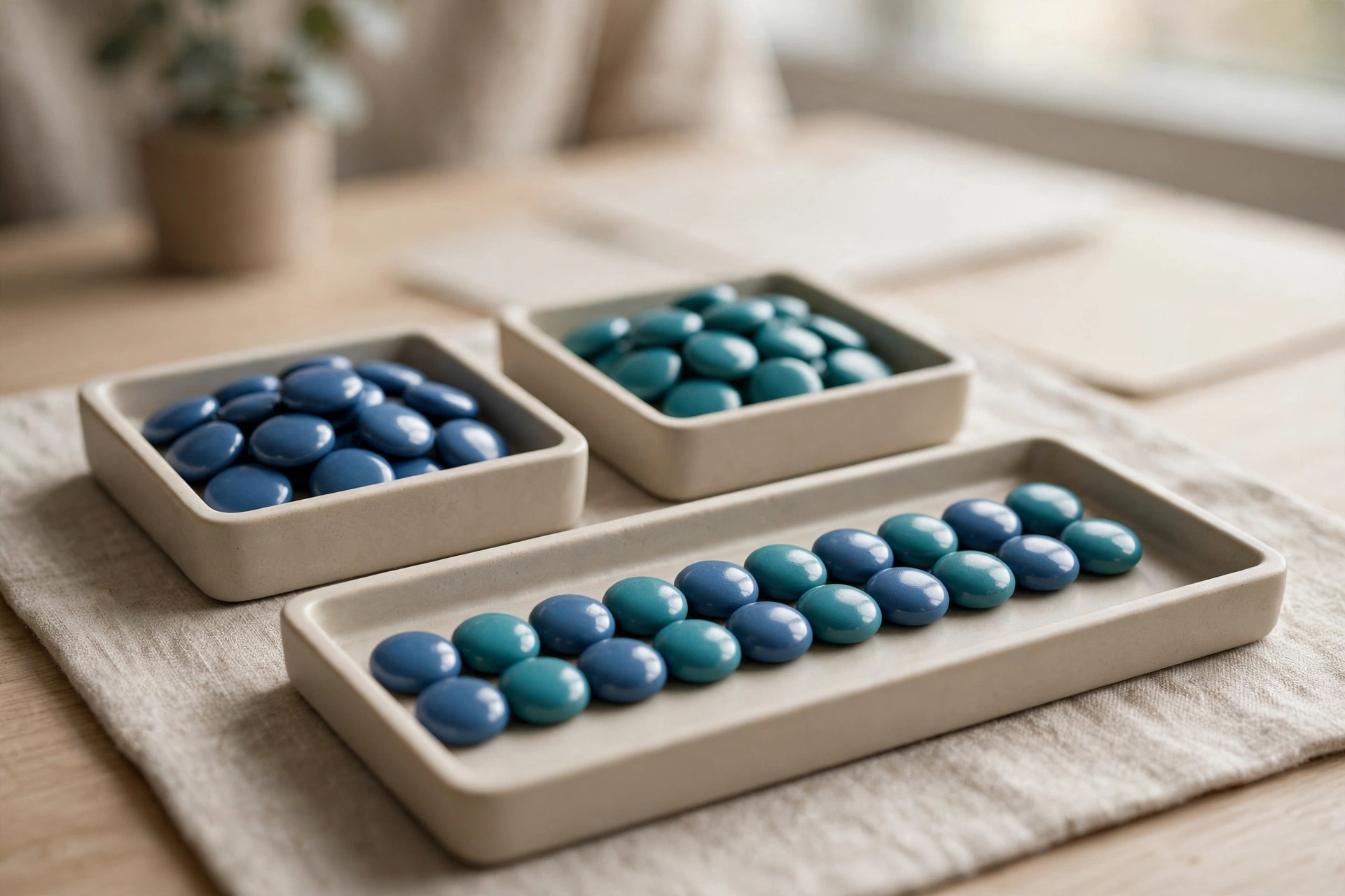 Two square trays of blue and teal tokens sit next to a rectangular tray with a neat sequence of both colors, symbolizing data integration.