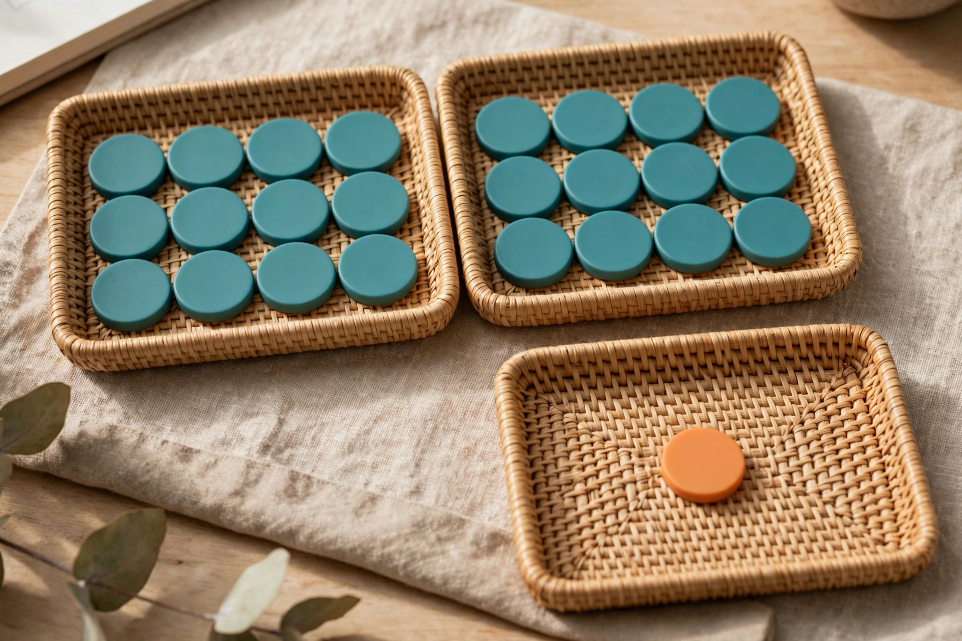 Three woven trays hold rows of teal tokens, with one tray containing a single orange token as an exception.