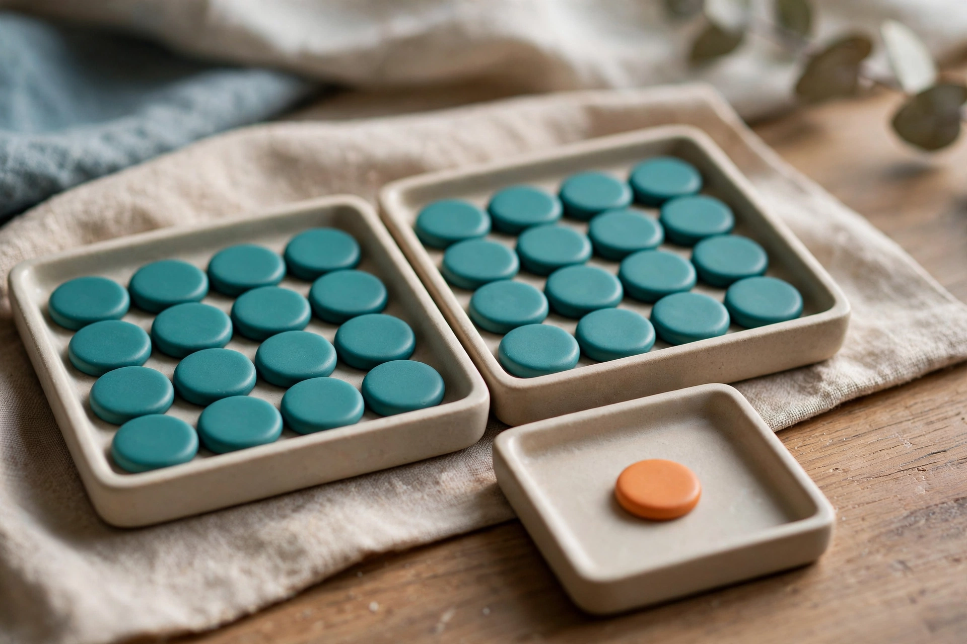 Two trays of teal tokens and one tray with a single orange token are arranged on a wooden surface with cloth.