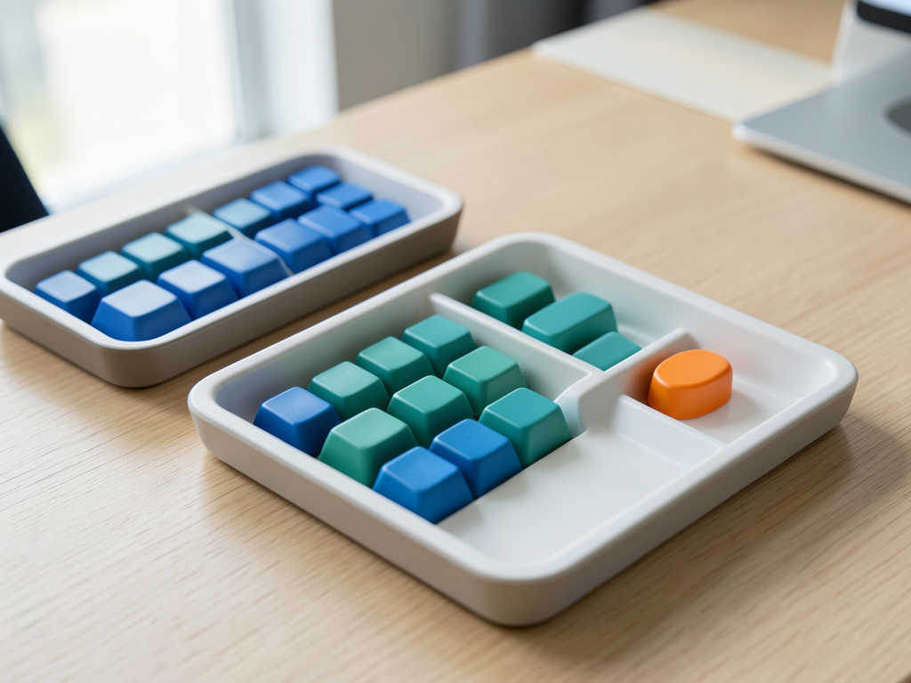 Two trays of blue and teal tokens are shown converging into a single organized tray on a wooden desk, with one orange token isolated beside it.