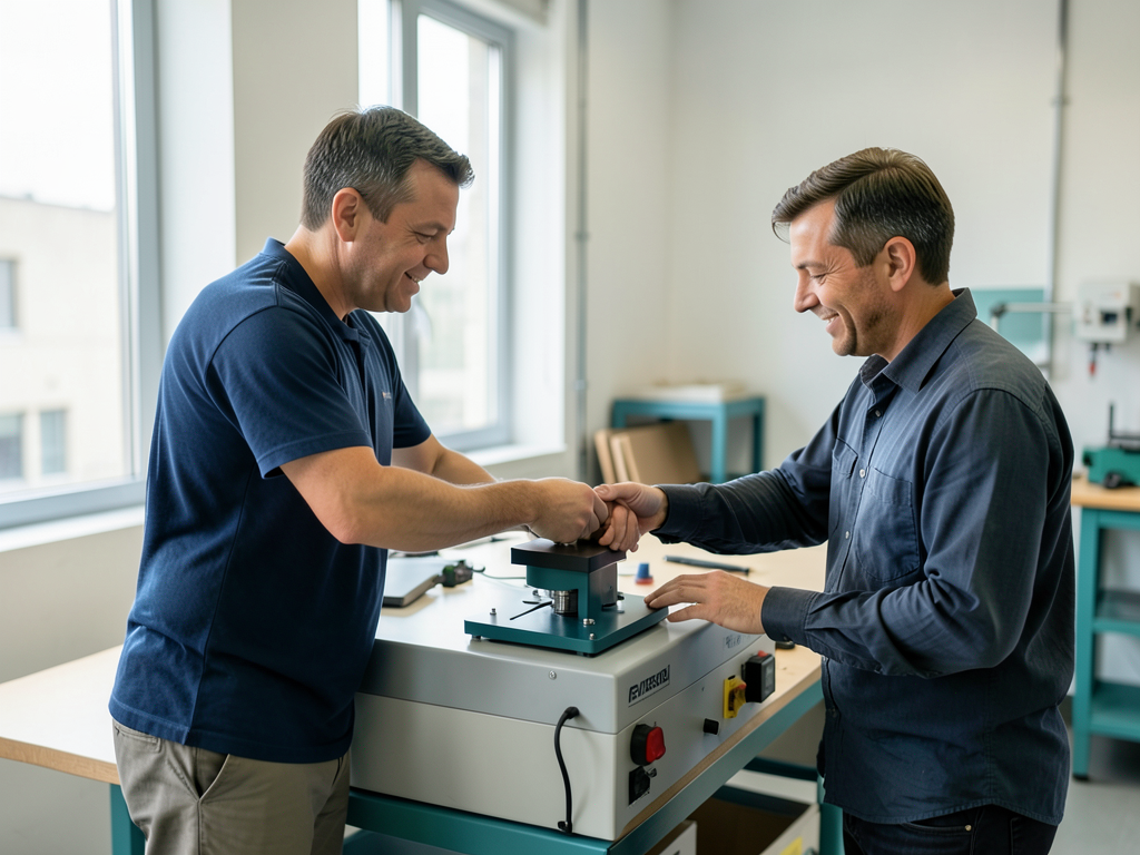 Two smiling men in a workshop are collaborating on a piece of unbranded equipment.